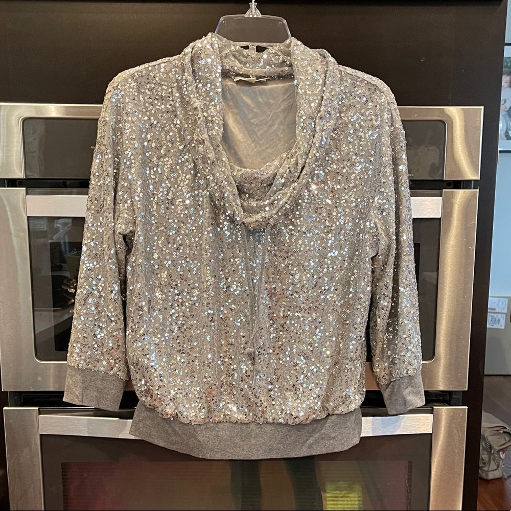 Rare Vintage Silver Sequin Cowl Neck L/S Top
